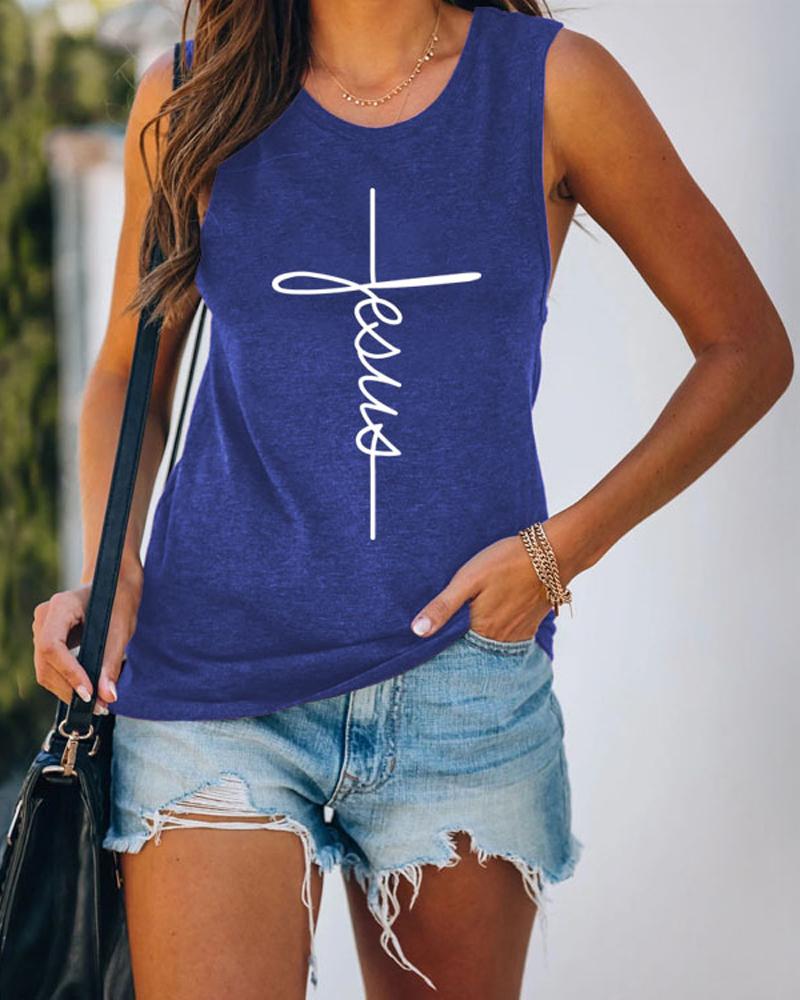 

Letter Cross Print Casual Tank Top, Blue