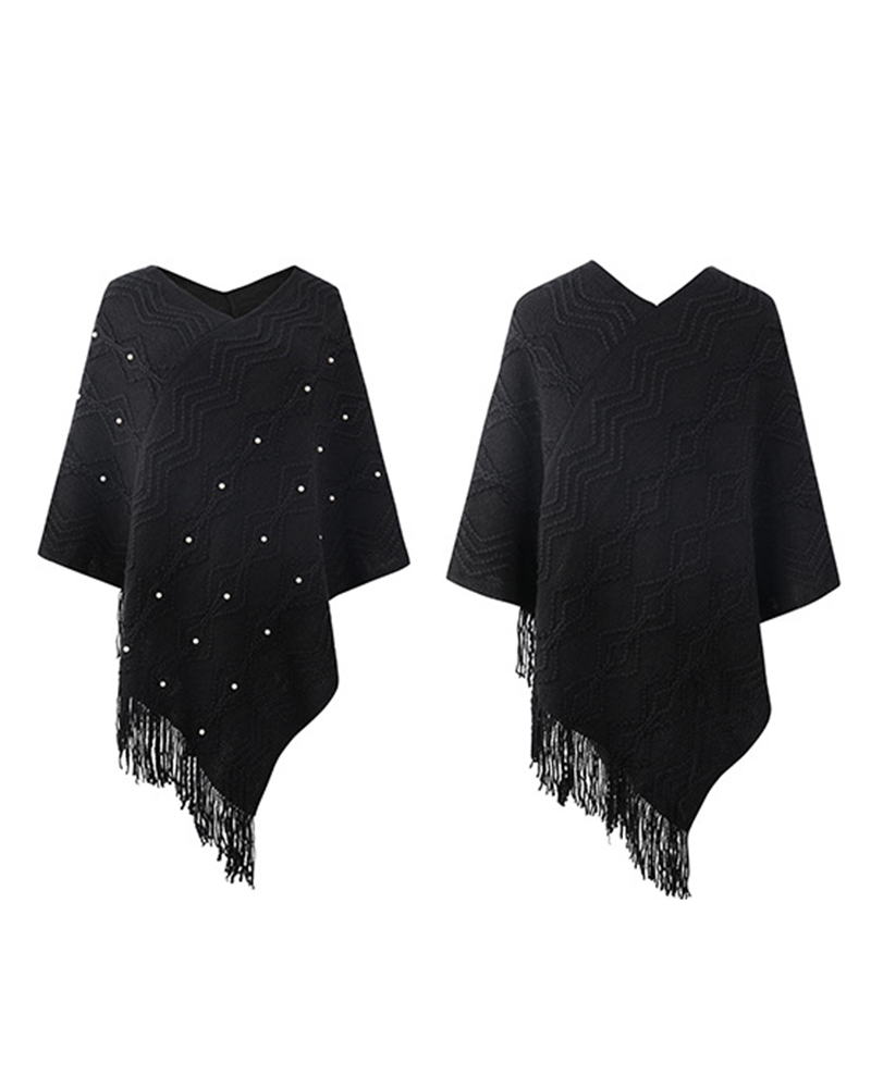 

Geometric Pattern Pearls Decor Tassel Design Knit Cape Sweater, Black