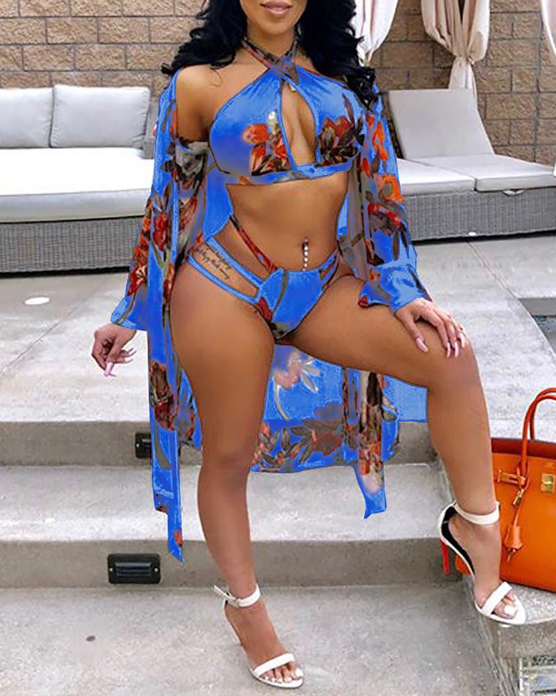 

3PCS Print Halter Bikini Swimsuit Cover Ups, Blue