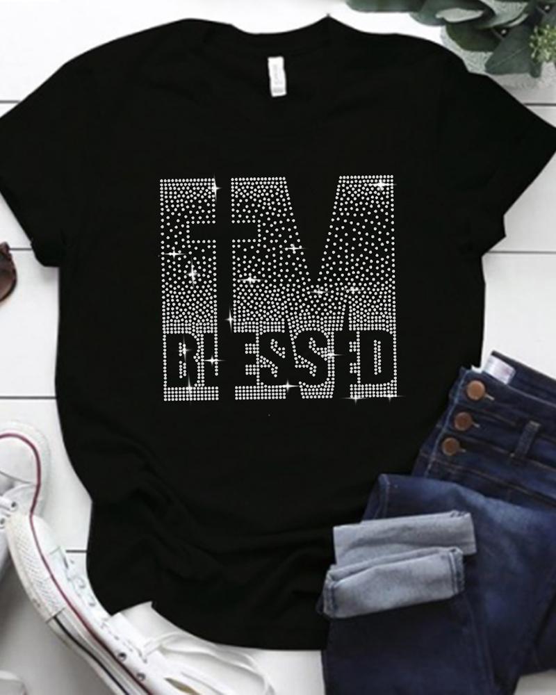 

Rhinestone Letter Pattern Short Sleeve T-shirt, Black