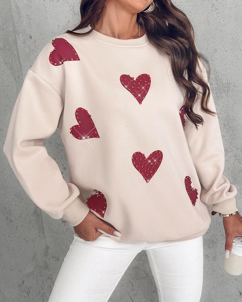 

Heart Print Long Sleeve Rhinestone Decor Sweatshirt, Light khaki