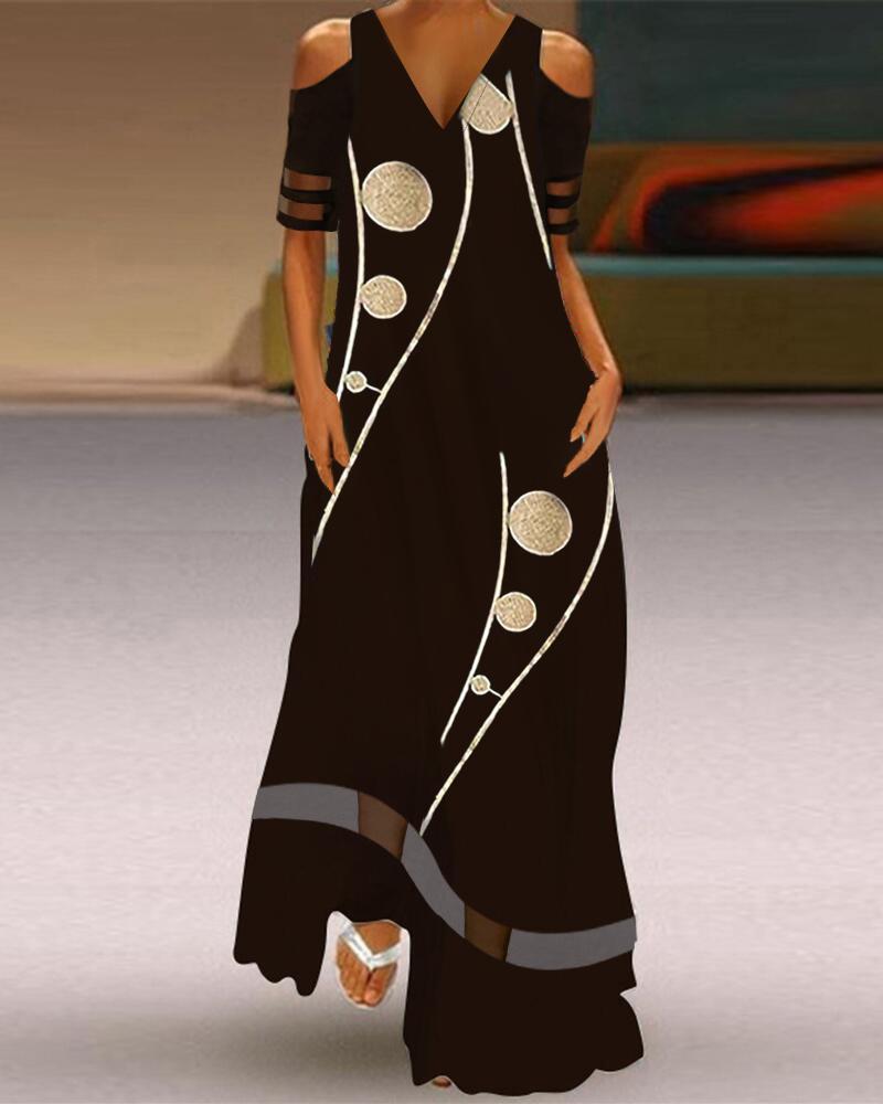 

Graphic Print Contrast Mesh Cold Shoulder Maxi Dress, Black