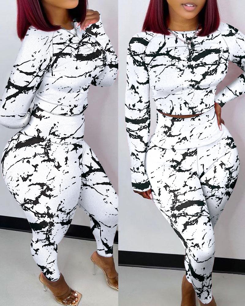 

Abstract Print Crop Top & High Waist Pants Set, White