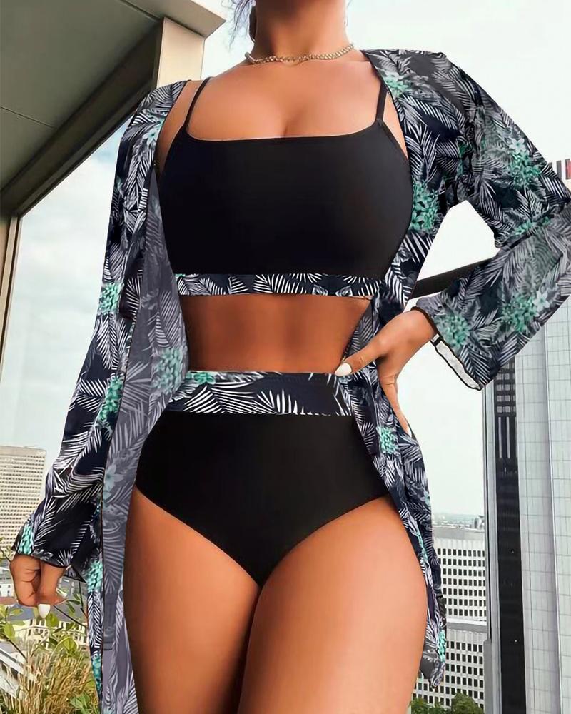 

3PCS Tropical Print High Waist Bikini Set With Cover Up, Green