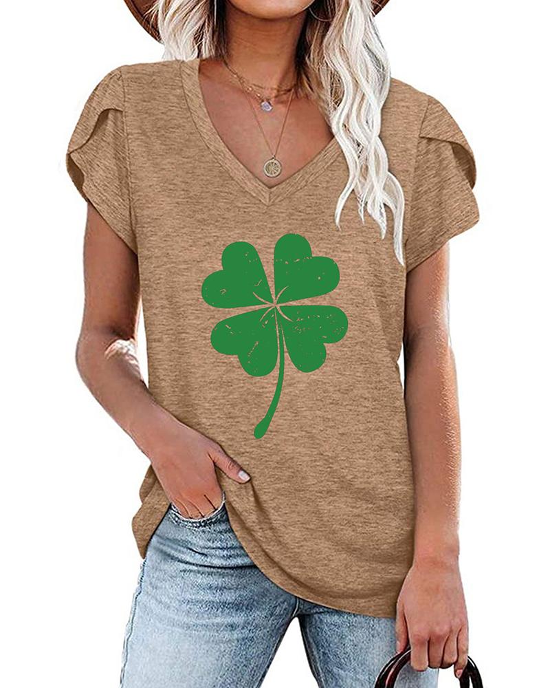 

St. Patrick' Day Clover Print V-Neck Casual T-shirt, Khaki