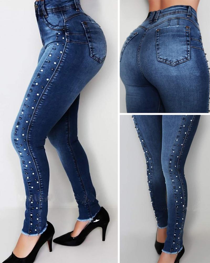 

Beaded High Waist Denim Pants, Blue