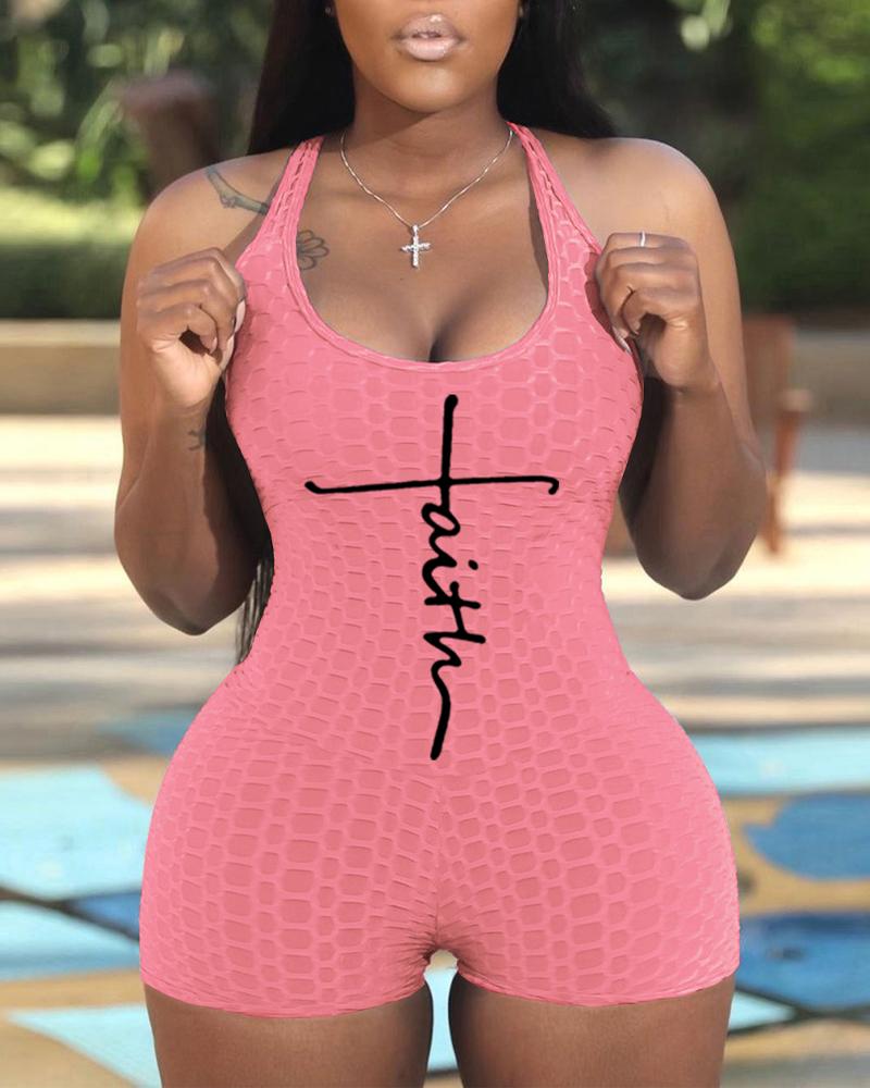 

Letter Print Textured U-Neck Active Romper, Pink