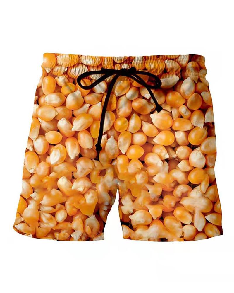 

Corn Print Loose Drawstring Shorts, Multicolor