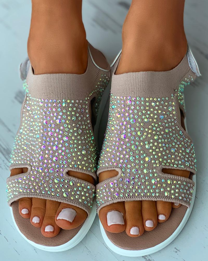 

Rhinestone Cutout Velcro Flat Sandals, Apricot