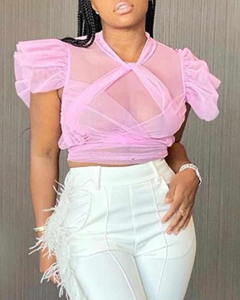 

Flutter Sleeve Sheer Mesh Crop Top, Light pink