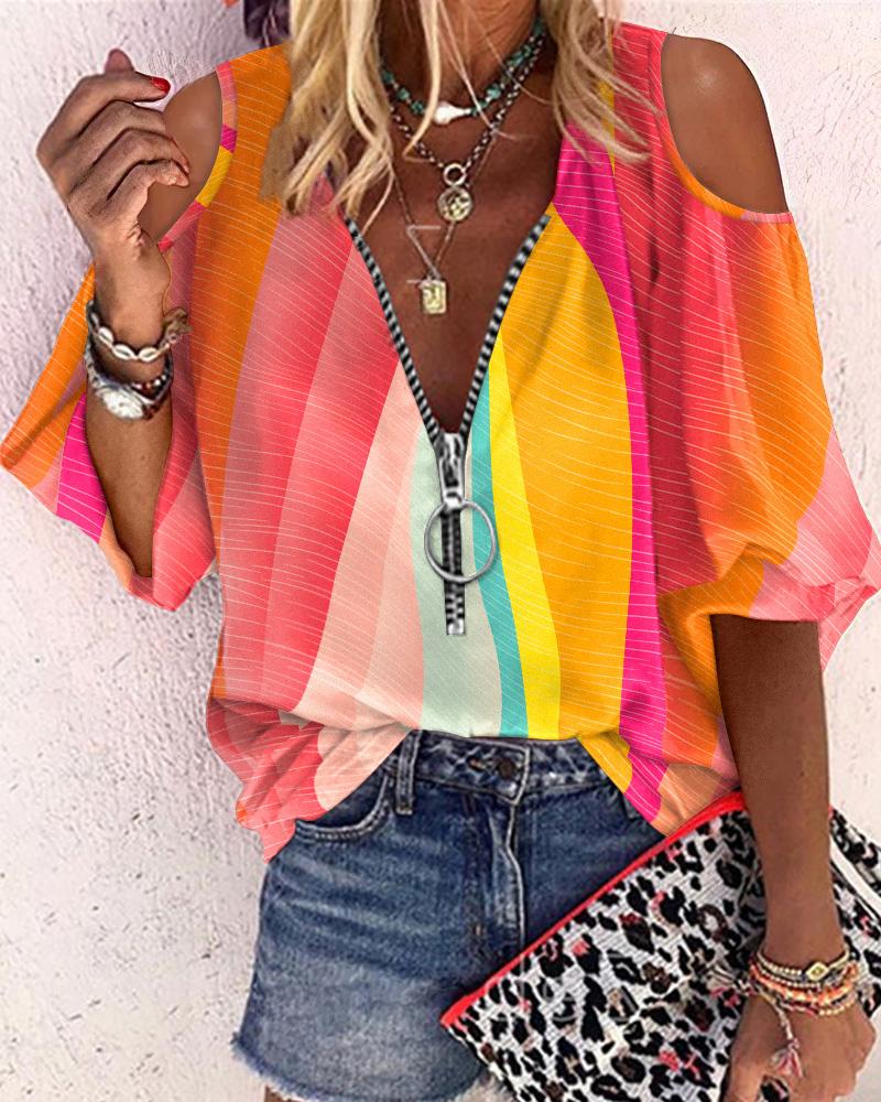 

Colorblock Zip Front Cold Shoulder Top, Multicolor