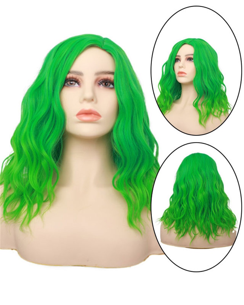 

Curly Hair Wig Shoulder Length Natural Looking Synthetic Wavy Wigs, Green