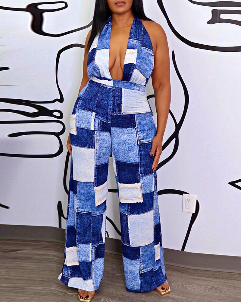 

Denim Look Print Halter Backless Wide Leg Jumpsuit, Blue