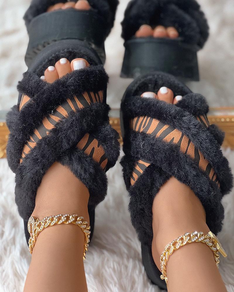 

Fuzzy Cross Strap Slippers, Black