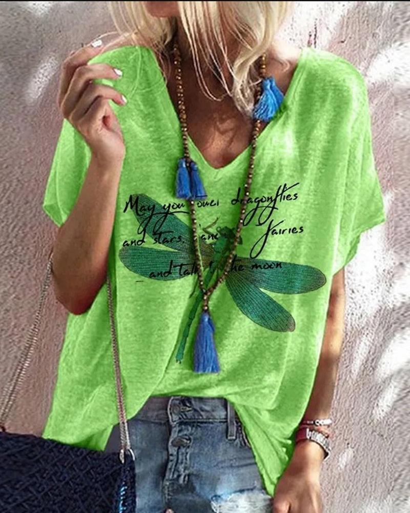 

Dragonfly Print V Neck T-Shirt, Green
