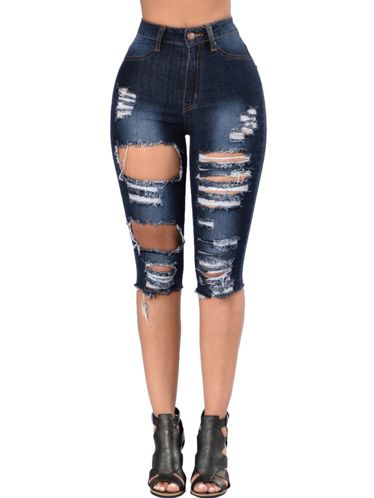 Fashion Raw Cut Ripped Short Denim Jeans