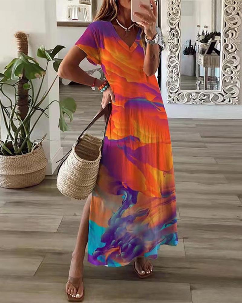 

Tie Dye Print Split Hem Maxi Dress, Orange