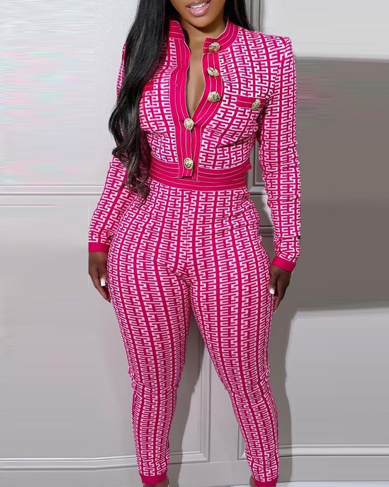 

Geo Print Long Sleeve Top & Pants Set, Hot pink
