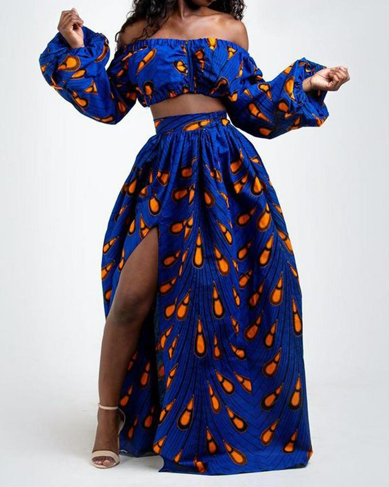 

Africa National Style Printing Long Sleeve Long Skirt Sets, Blue