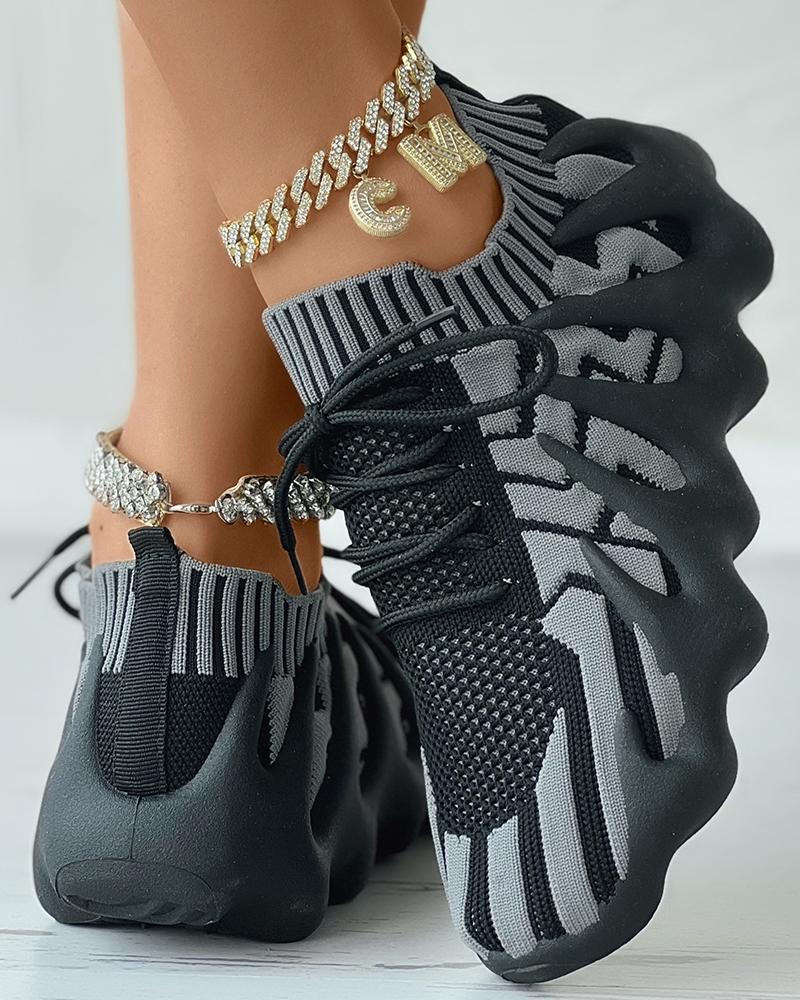 

Plain Knit Lace Up Platform Sneakers, Black
