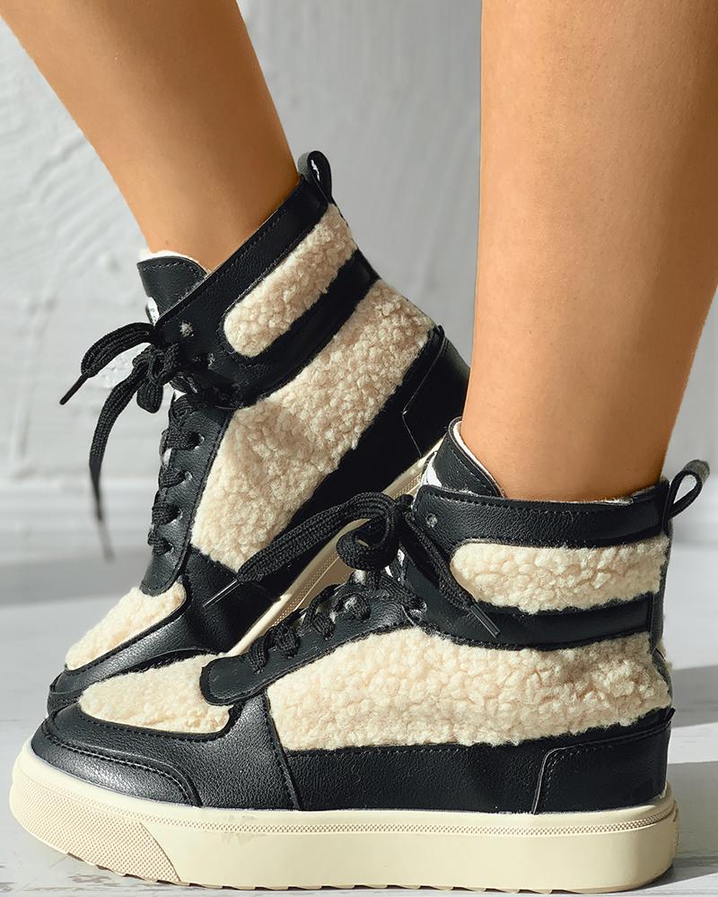 

Fluffy Lace-up Contrast Paneled Casual Sneaker, Black