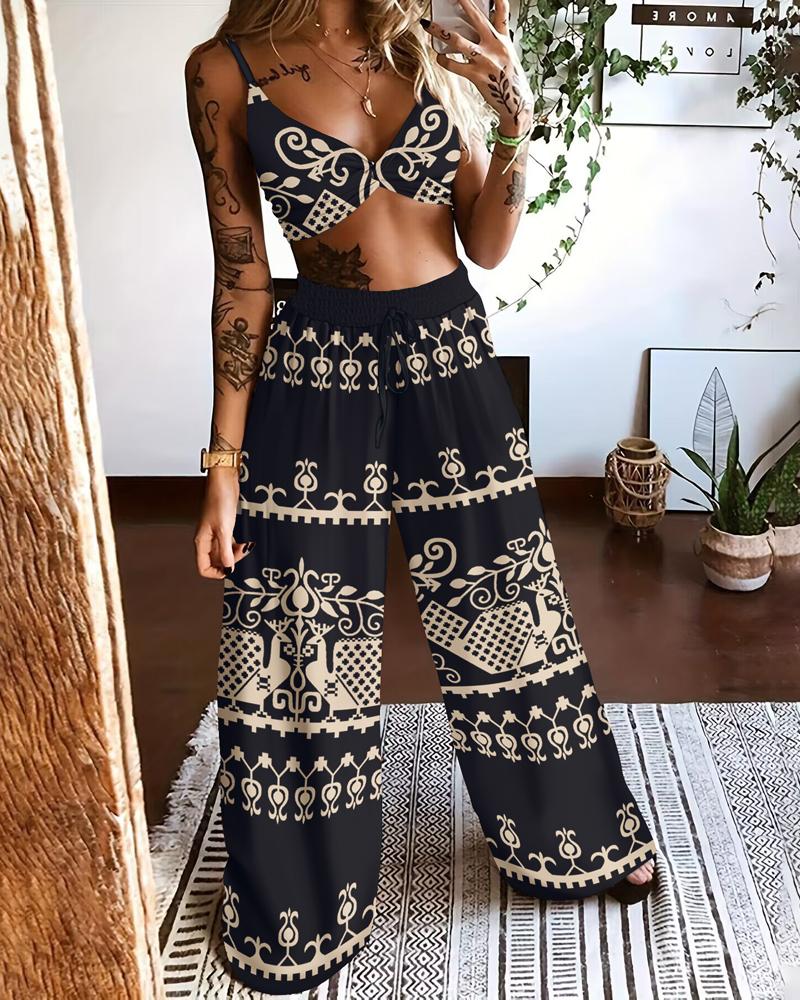 

Tribal Print Twisted Cami Top & Wide Leg Pants Set, Black