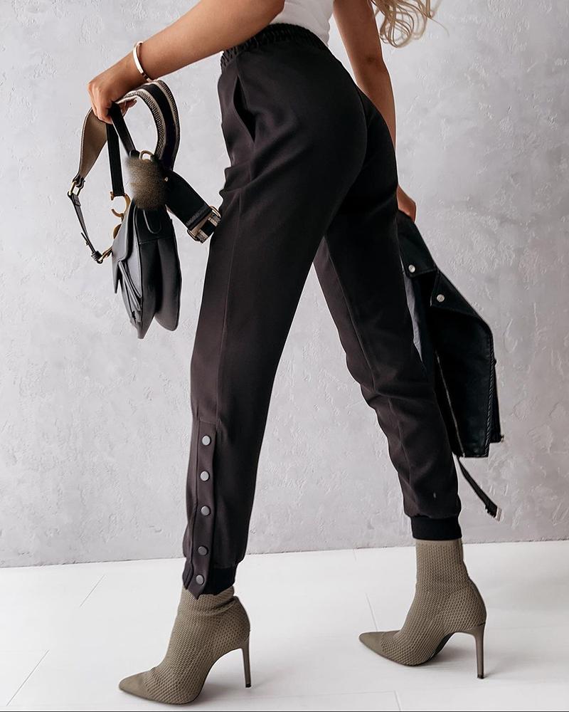 

High Waist Pocket Design Pants Set, Black