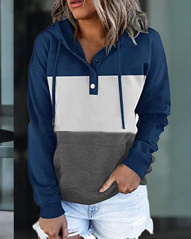 

Color Block Long Sleeve Button Front Drawstring Hoodie, Blue