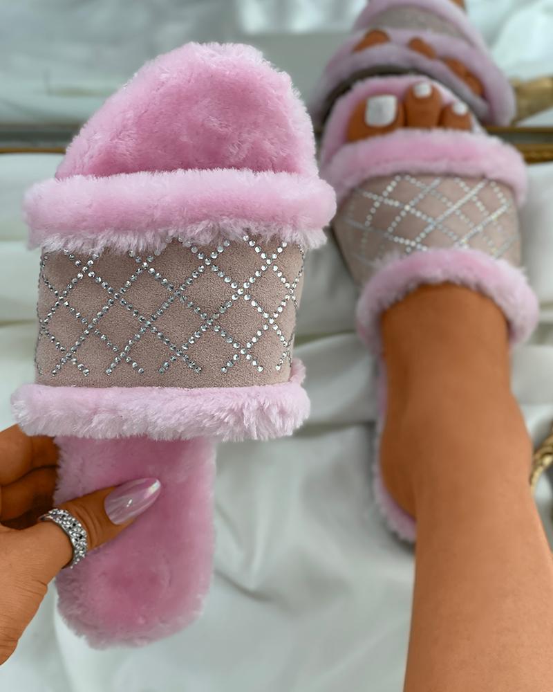 

Fluffy Quilted Rhinestone Decor Square Toe Slippers, Pink