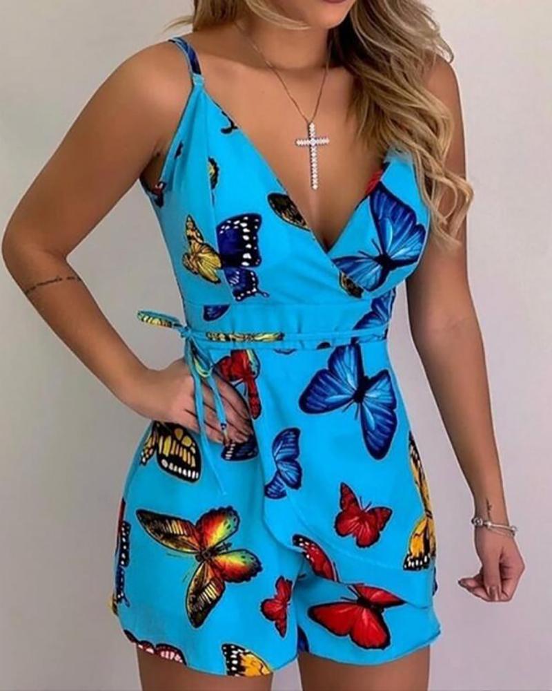 

Butterfly Print Tied Detail Romper, Blue