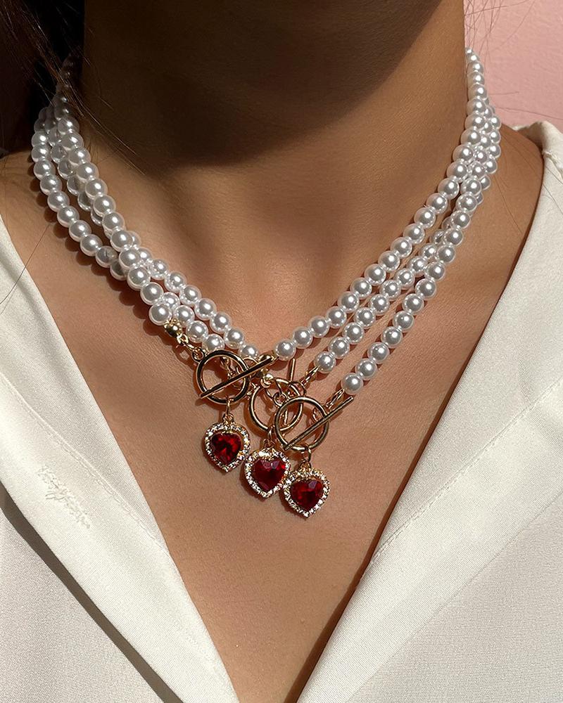 

Heart Rhinestone Pendant Beaded Necklace, Red