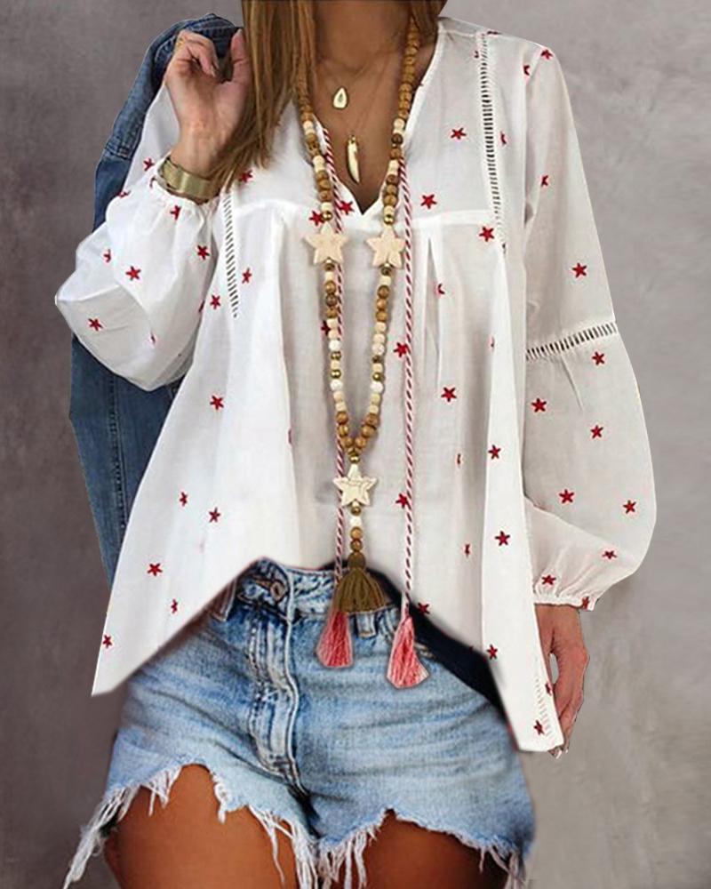 

Splicing Star Print Long Sleeve Shirt, White