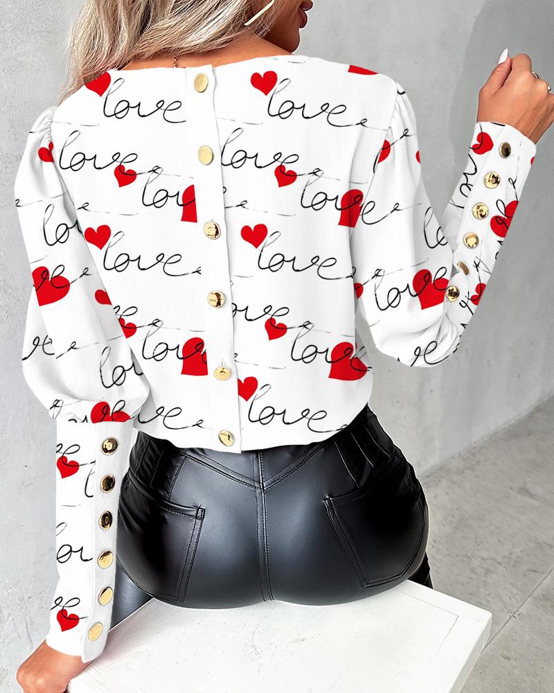 

Colorblock Heart Love Print Buttoned Top, White