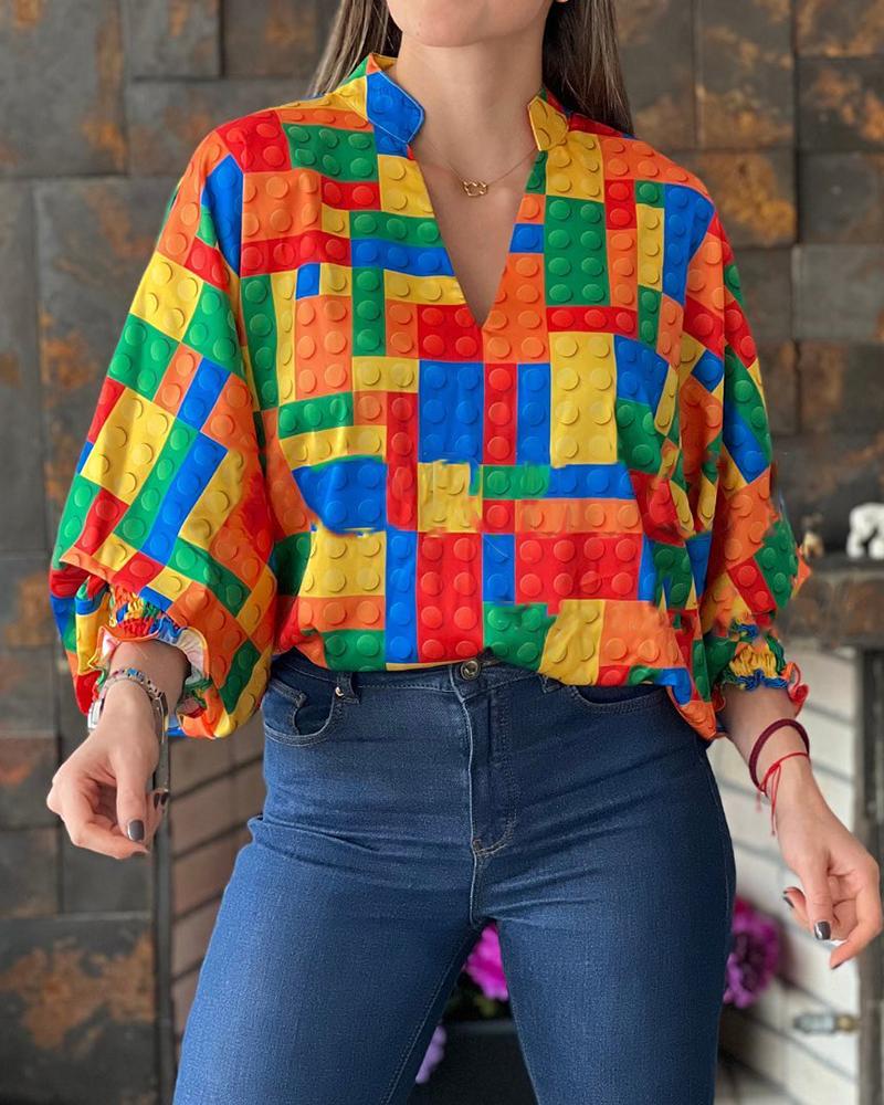 

Geometric Print Lantern Sleeve Top, Multicolor