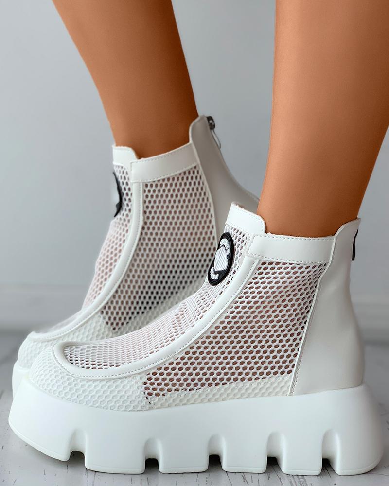 

Letter Pattern Decor Fishnet Platform Boots, White