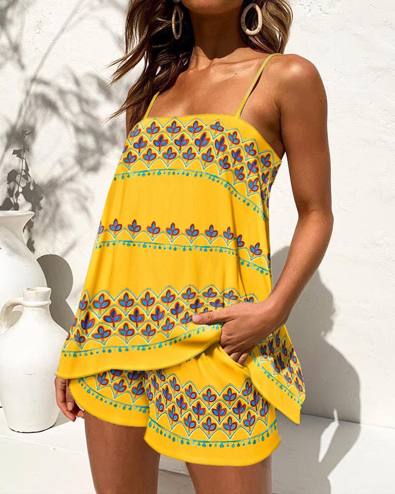 

Floral Tribal Print Cami Top & Shorts Set, Yellow