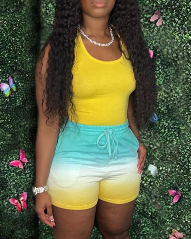 

Basic Tank Top & Ombre Drawstring Shorts Set, Yellow