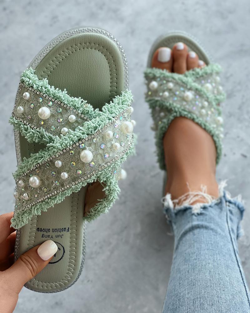 

Pearls Decor Fringe Hem Beach Bohemian Slippers, Green