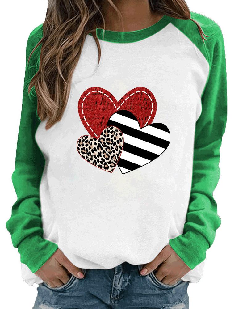 

Valentine' Day Long Sleeve Striped Heart Cheetah Print Top, Green