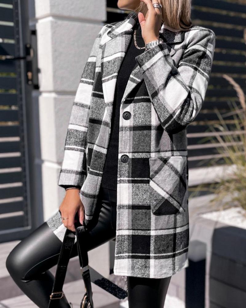 

Plaid Print Double Button Patch Pocket Blazer Coat, Black