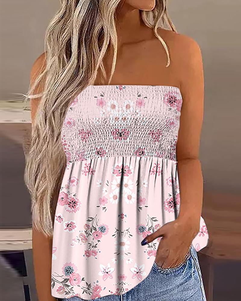 Débardeur bandeau froncé rose à imprimé petites fleurs