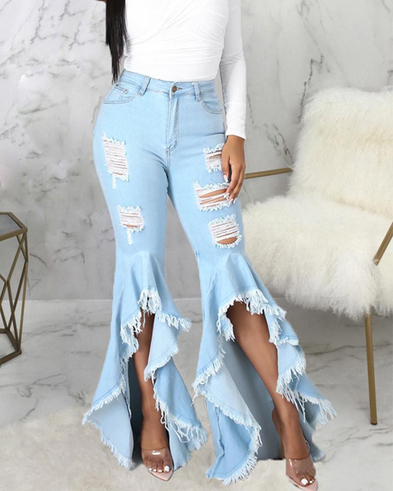 

Patchwork Cutout Design Elastic Bodycon Denim Lantern Pants, Lighted blue