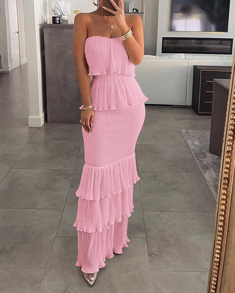 

Bandeau Shirred Ruffle Hem Layered Dress, Pink