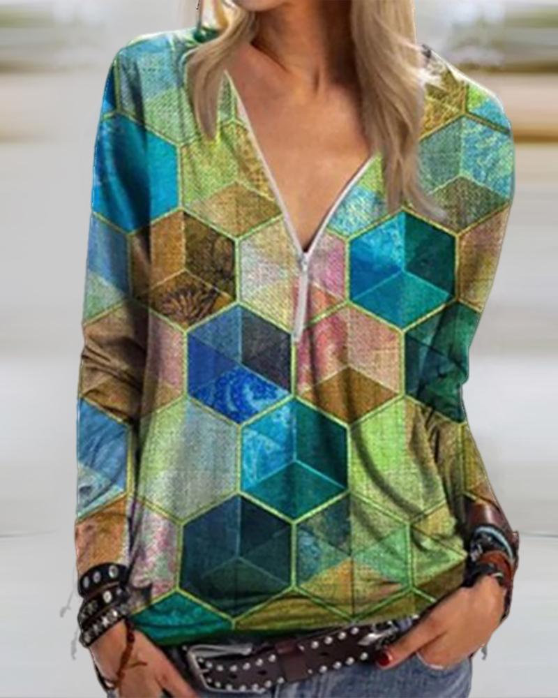 

Abstract Print Long Sleeve Zipper Design Top, Green