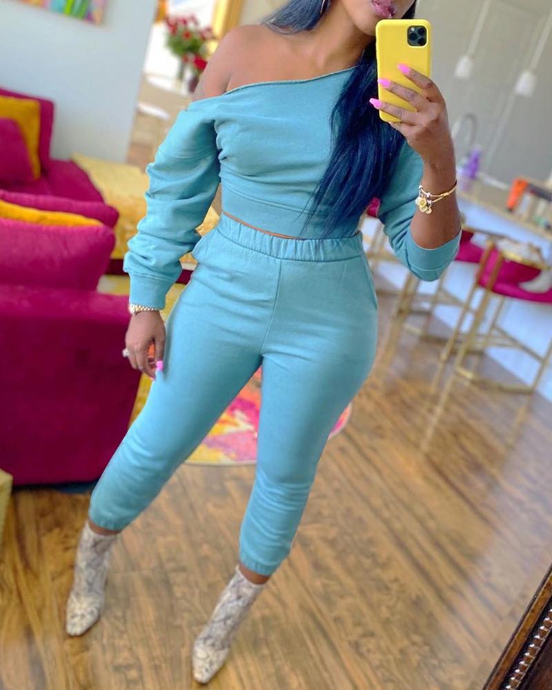 

Plain Long Sleeve Casual Sweatshirt & Pocket Design Pants Set, Lighted blue