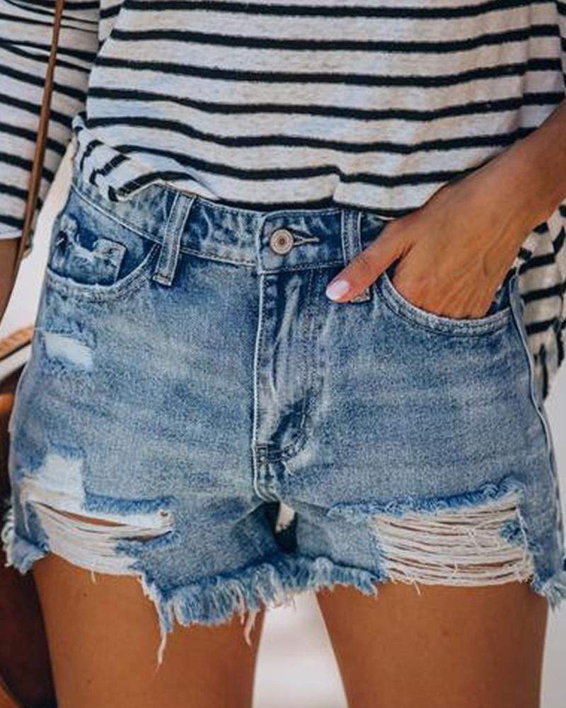 

Ripped High Waist Pocket Design Denim Shorts, Lighted blue