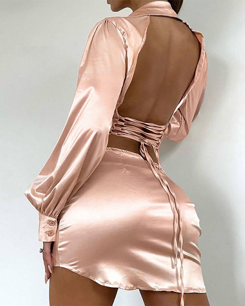 

Lace-up Backless Ruched Lantern Sleeve Satin Shirt Dress, Pink