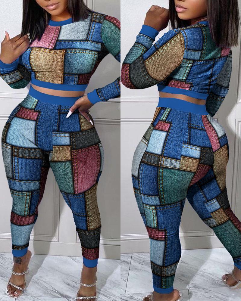 

Plus Size Denim Look Print Crop Top & Pants Set, Multicolor