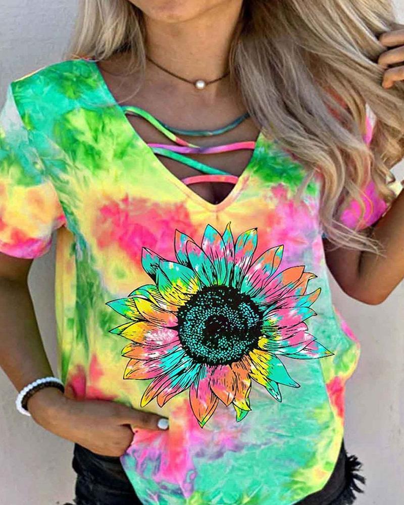 

Sunflower Print Colorblock Short Sleeve Casual T-shirt, Green