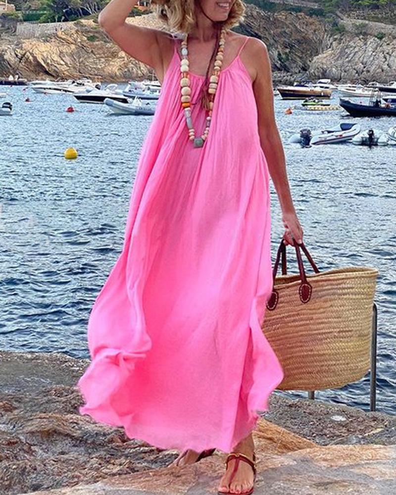 

Solid Color Backless Sling Loose Maxi Dress, Pink